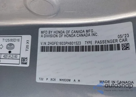 2023 Honda Civic Ex из США, поврежденный, VIN 2HGFE1603PH801523